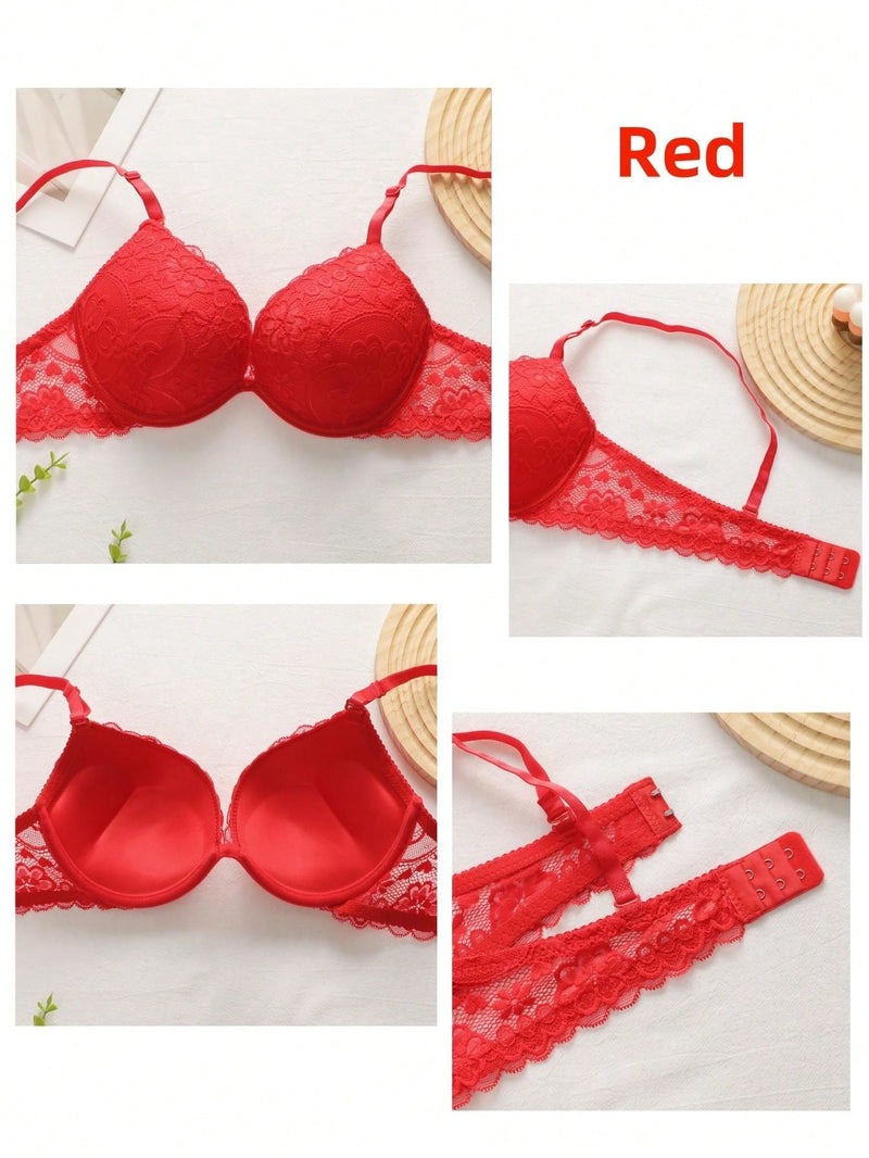 2 piezas de sujetadores con aros de encaje floral rojo/albaricoque con efecto push-up para mujer, ropa interior femenina con cierre trasero para busto/pecho pequeno, lenceria sexy y de unicolor para pechos pequenos, sosten de apoyo con tirantes