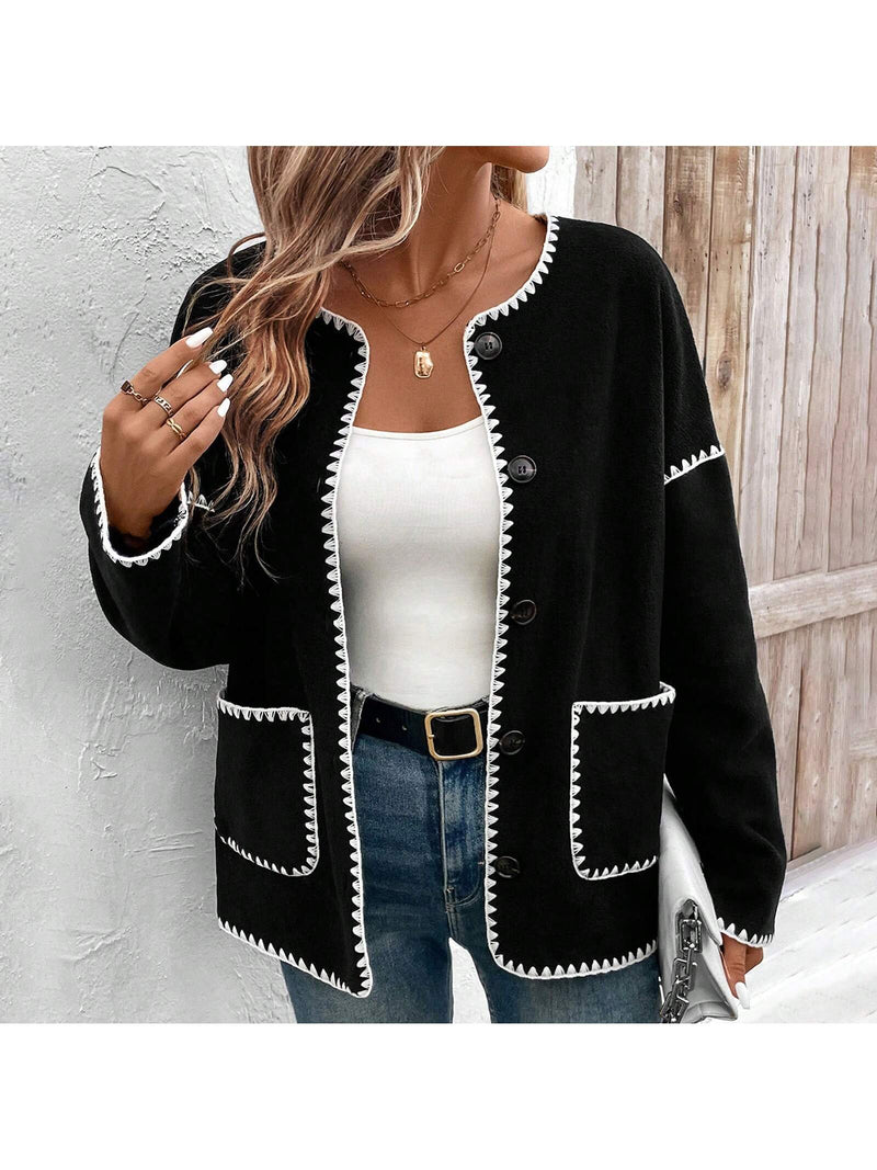 Chaqueta de forro polar para mujer de corte holgado con ribete de contraste, cuello redondo, manga larga, abotonadura y bolsillos, ropa casual de calle