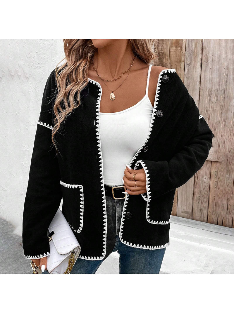 Chaqueta de forro polar para mujer de corte holgado con ribete de contraste, cuello redondo, manga larga, abotonadura y bolsillos, ropa casual de calle