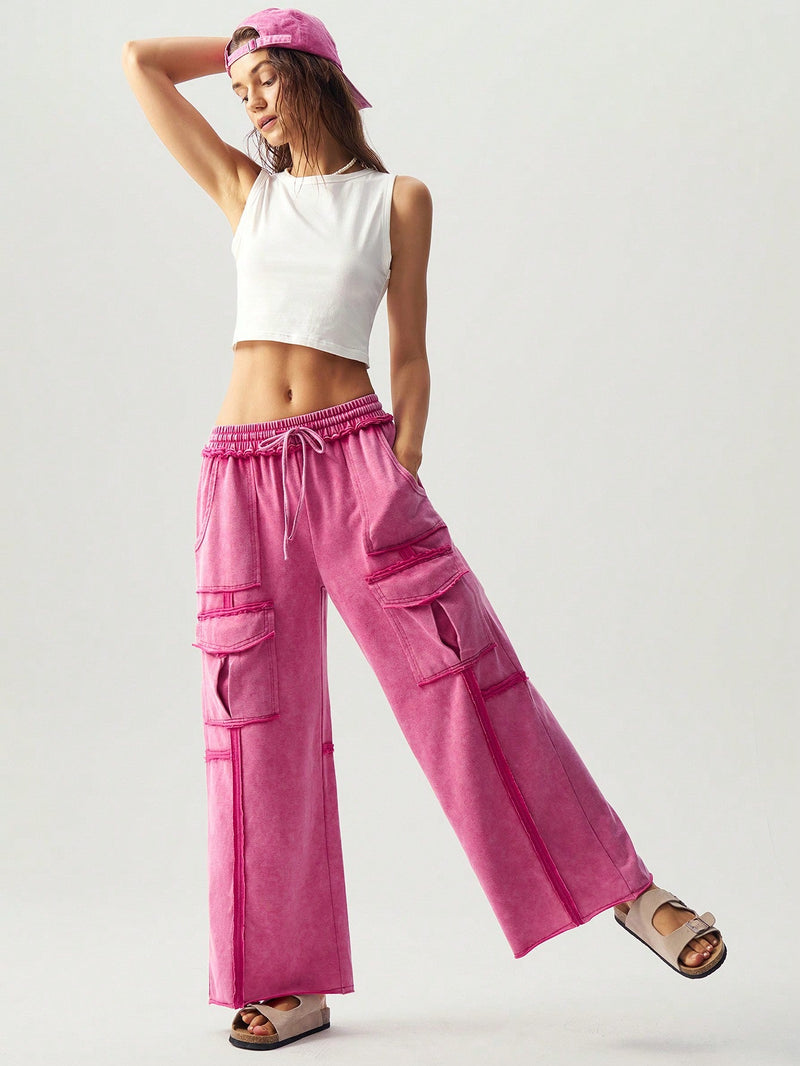 Bohemela pantalones anchos de punto de color liso con bolsillo para mujer, ideales para vacaciones