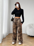 Petite pantalones casuales de estilo callejero de pata ancha de saten tejido con estampado de leopardo