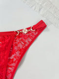 1 pieza tanga de mujer con decoracion de encaje y strass con motivo floral, respirable y comodo
