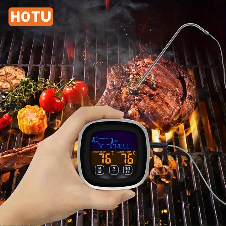 HOTU Gran Pantalla Táctil Termómetro de Carne con Temporizador de Reloj - Sonda de Acero Inoxidable para Parrilla, Horno, Horneado, Líquido, Dulce - Pantalla Digital, Sin Necesidad de Batería, Esenciales de Cocina | Termómetro Táctil | Construcción Durad