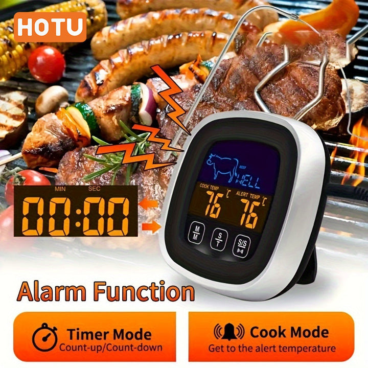 HOTU Gran Pantalla Táctil Termómetro de Carne con Temporizador de Reloj - Sonda de Acero Inoxidable para Parrilla, Horno, Horneado, Líquido, Dulce - Pantalla Digital, Sin Necesidad de Batería, Esenciales de Cocina | Termómetro Táctil | Construcción Durad