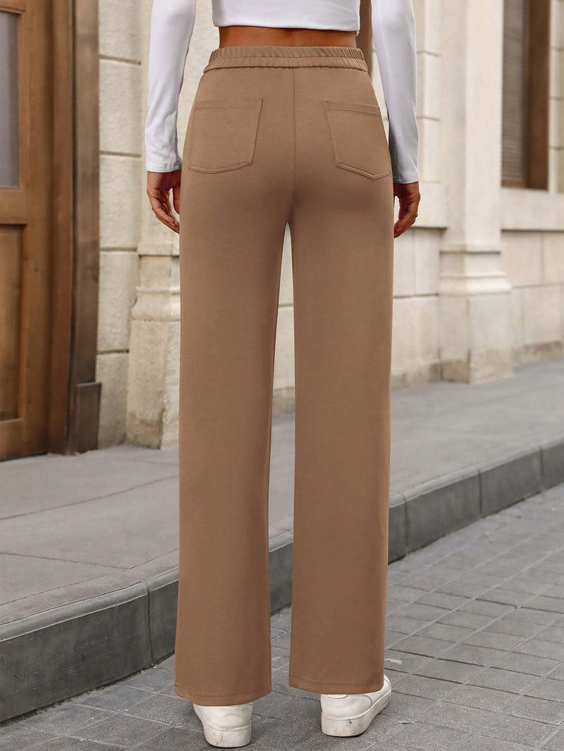 Pantalon de vestir casual de mujer, de pierna recta, con cintura elastica alta y de tela elastica