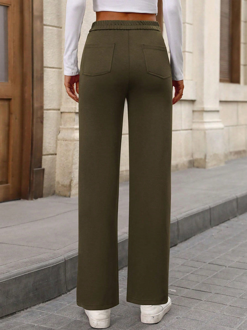 Pantalon de vestir casual de mujer, de pierna recta, con cintura elastica alta y de tela elastica