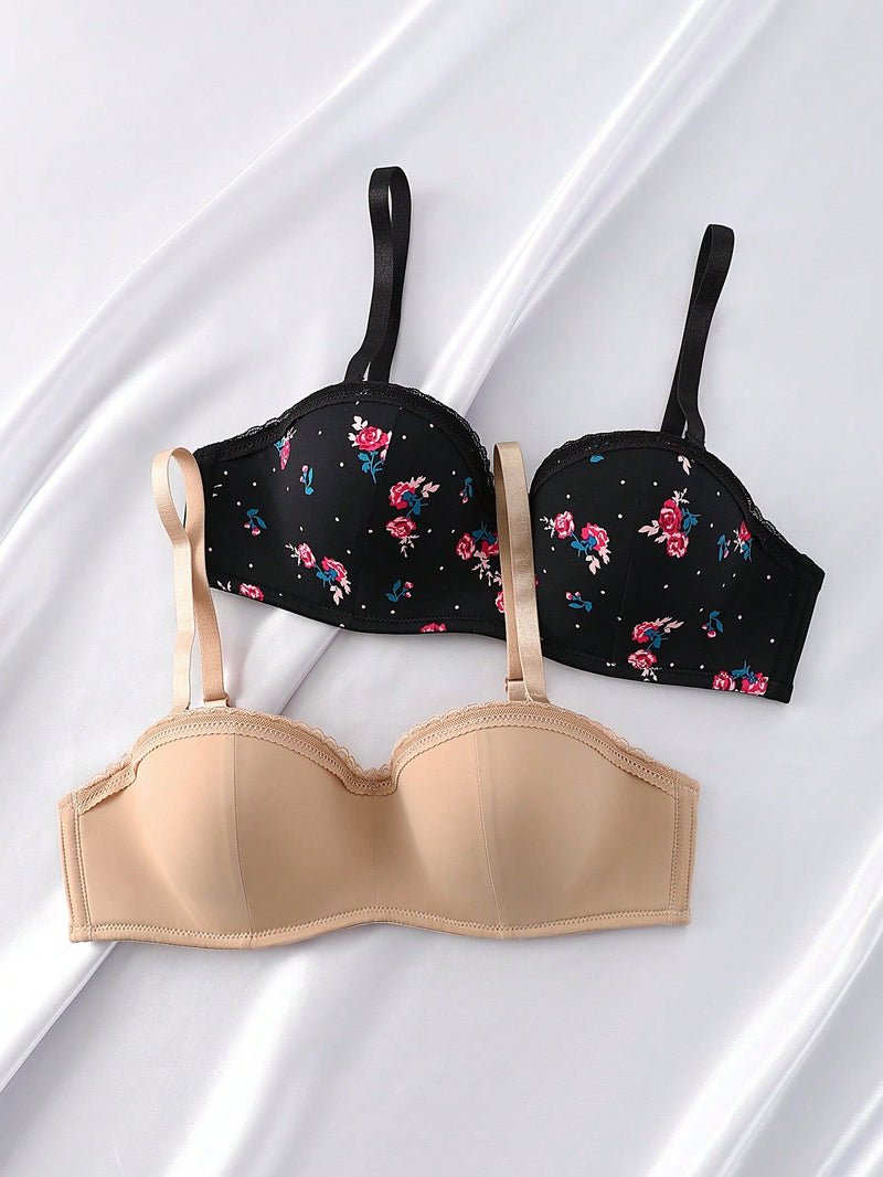 Set de 2 sujetadores de moda con estampado floral y de unicolor con encaje a contraste para mujeres