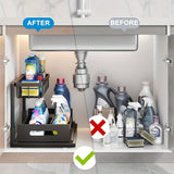 Organizador de 2 niveles para debajo del fregadero, estante extraíble de acero inoxidable resistente al óxido, para almacenamiento en cocina y baño, ideal para primavera