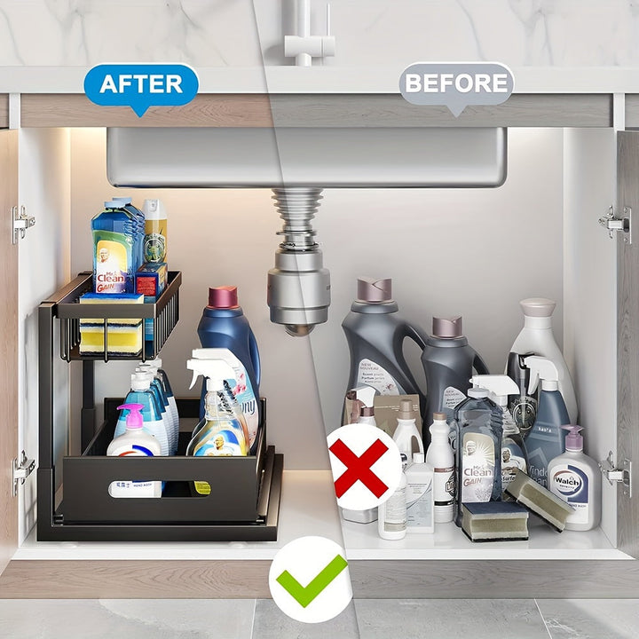 Organizador de 2 niveles para debajo del fregadero, estante extraíble de acero inoxidable resistente al óxido, para almacenamiento en cocina y baño, ideal para primavera
