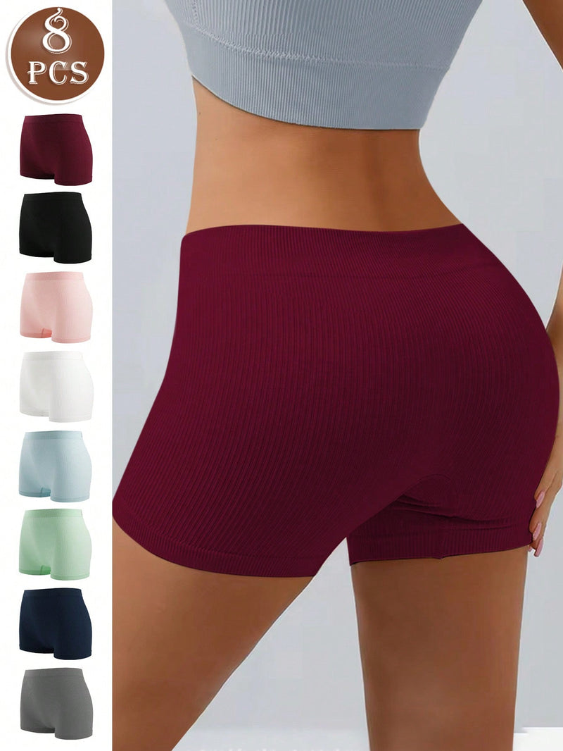 Set de 8 pantalones cortos tipo boyshort de cintura alta, transpirables, elasticos y comodos, de diseno simple, con ropa interior de costilla para mujer - lenceria y ropa interior esencial para uso diario