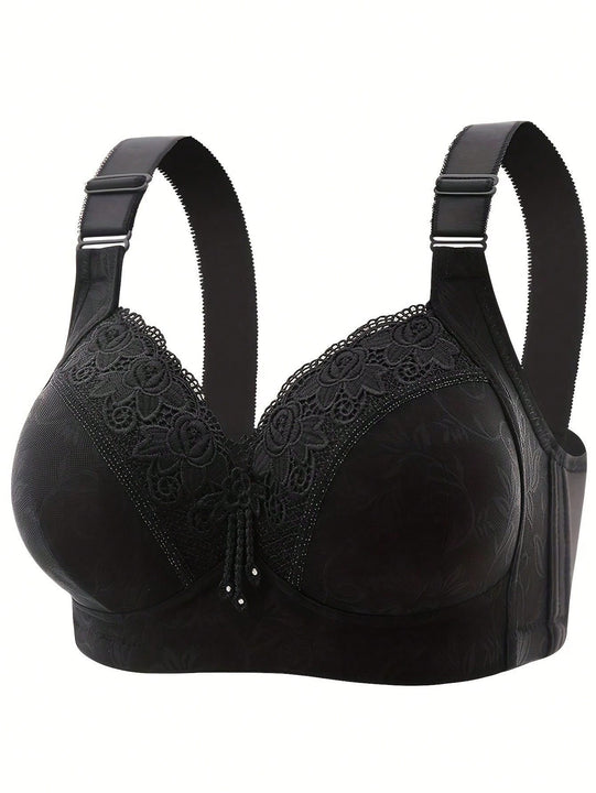 Sujetador de encaje de lujo de 3 piezas sin aros con pechos cerrados lateralmente y pechos grandes con ropa interior de plastico menor.