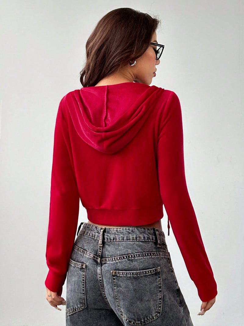 Petite chaqueta roja de felpa con cierre para mujer, de estilo deportivo y casual para usar en casa