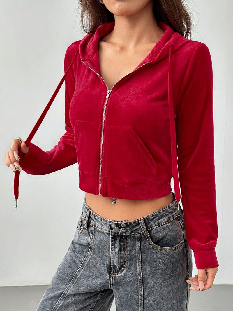 Petite chaqueta roja de felpa con cierre para mujer, de estilo deportivo y casual para usar en casa