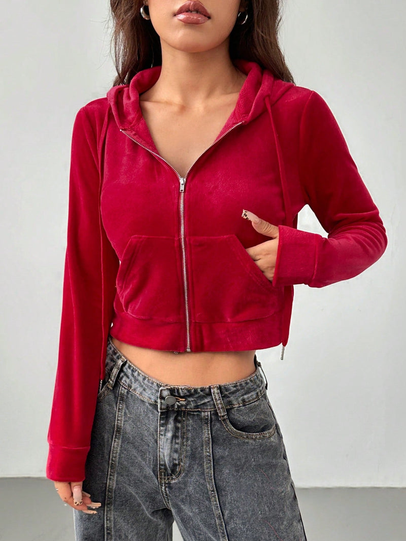 Petite chaqueta roja de felpa con cierre para mujer, de estilo deportivo y casual para usar en casa