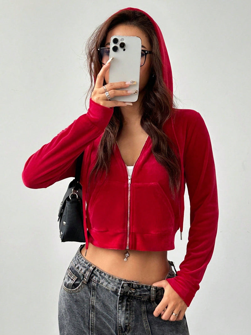 Petite chaqueta roja de felpa con cierre para mujer, de estilo deportivo y casual para usar en casa