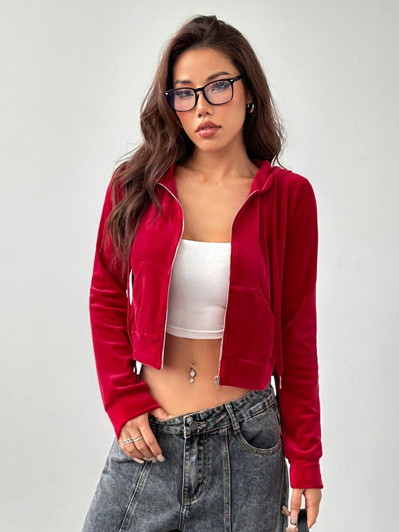 Petite chaqueta roja de felpa con cierre para mujer, de estilo deportivo y casual para usar en casa