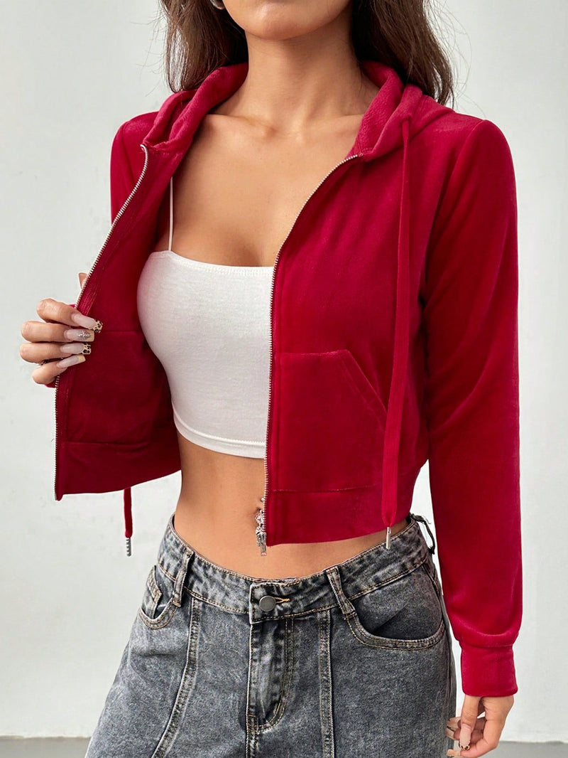 Petite chaqueta roja de felpa con cierre para mujer, de estilo deportivo y casual para usar en casa