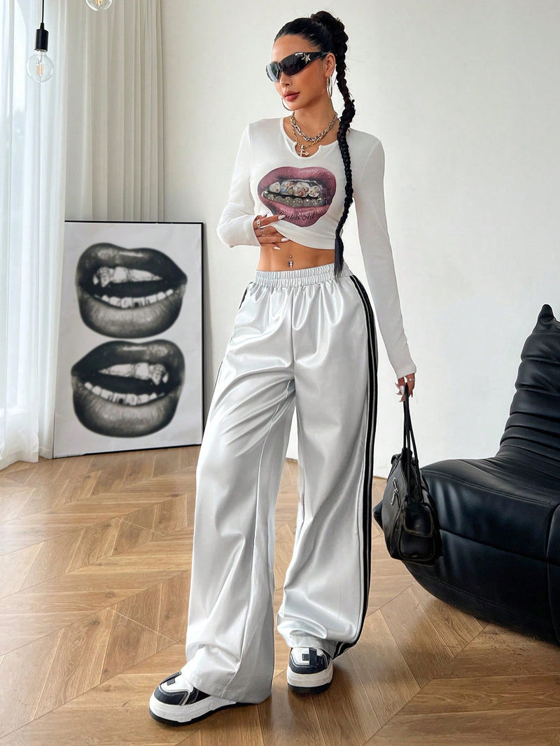 Coolane pantalones anchos con cinta lateral de piel de pu, adecuados para todas las temporadas