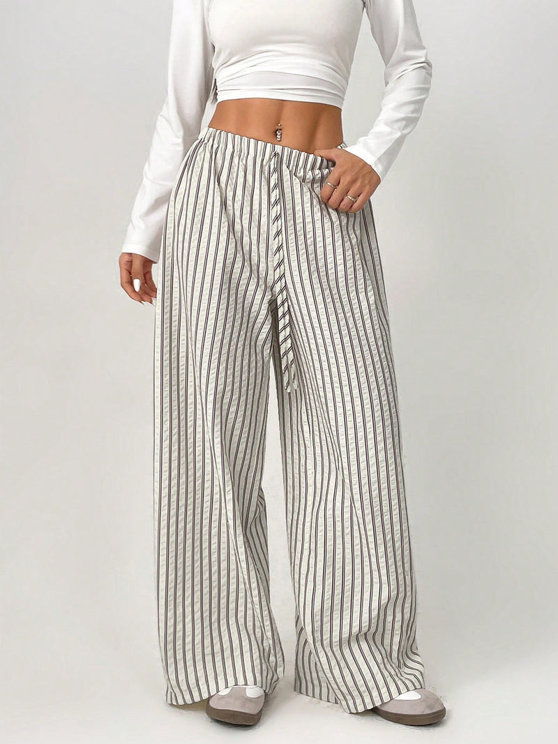 Petite pantalones holgados de pierna ancha a rayas con amarre delantero, ropa casual