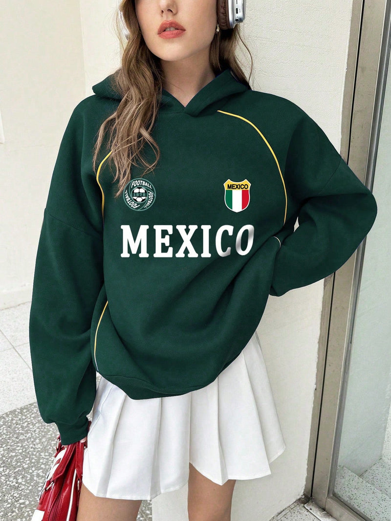 Ezwear sudadera holgada con capucha de estilo deportivo minimalista casual con patron de letra de mexico, para mujer, otono/invierno