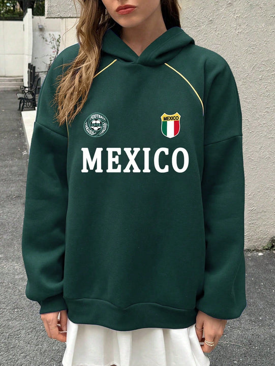 Ezwear sudadera holgada con capucha de estilo deportivo minimalista casual con patron de letra de mexico, para mujer, otono/invierno