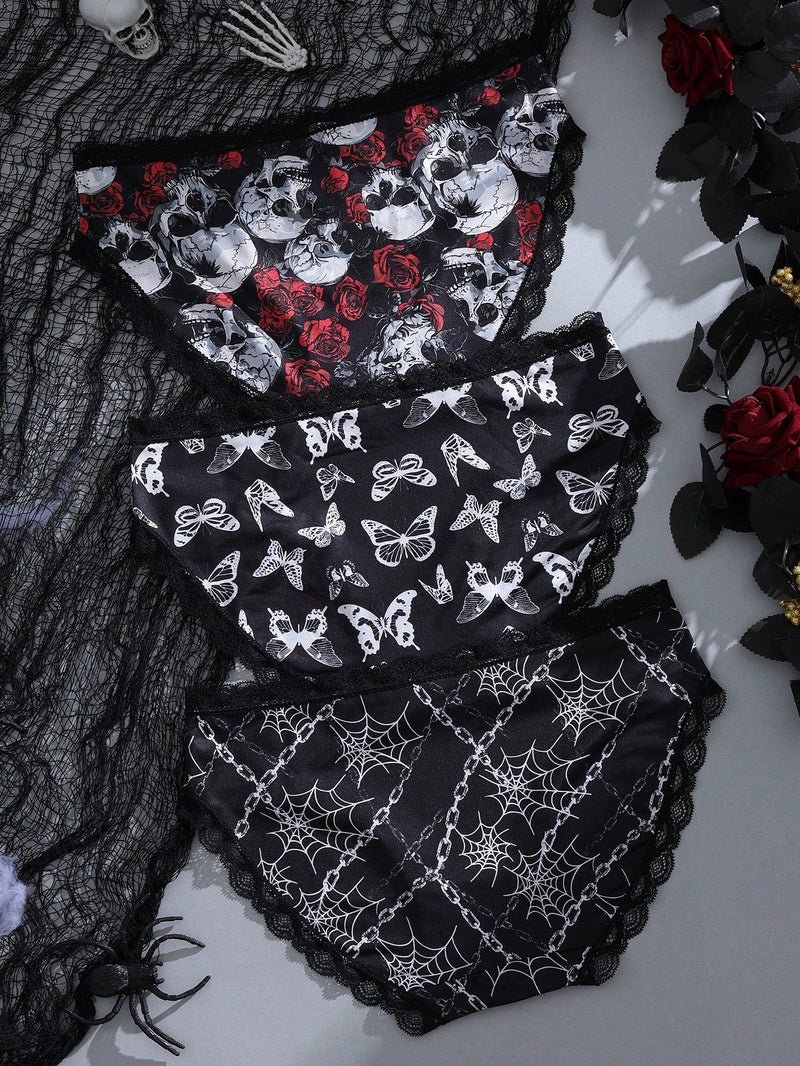 Juego de 3 piezas de bragas tipo hipster con estampado oscuro y encaje en estilo exotico y2k para mujeres en halloween