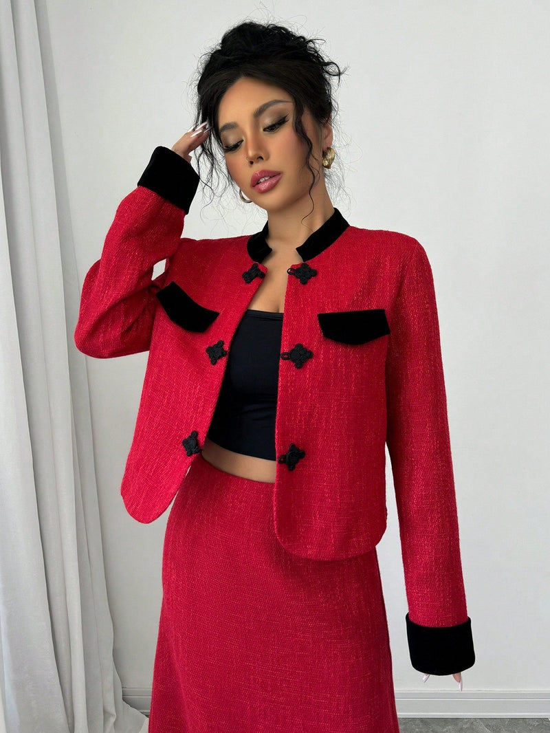 Raffinea chaqueta elegante de manga larga con botones frontales y ribetes de color block para mujer