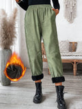 Lune pantalones con diseno de division, cintura elastica, forro de felpa y bolsillos para mujeres