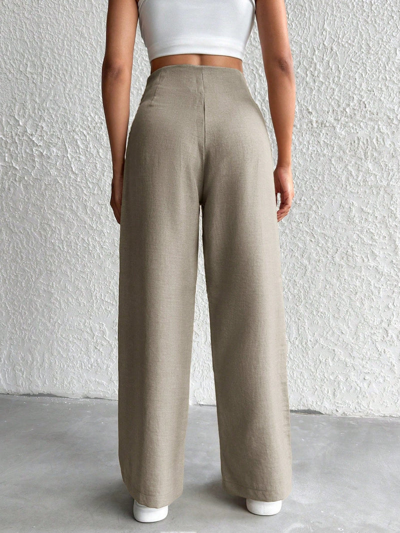 Petite pantalon de pierna ancha de lino beige para mujeres de estatura baja