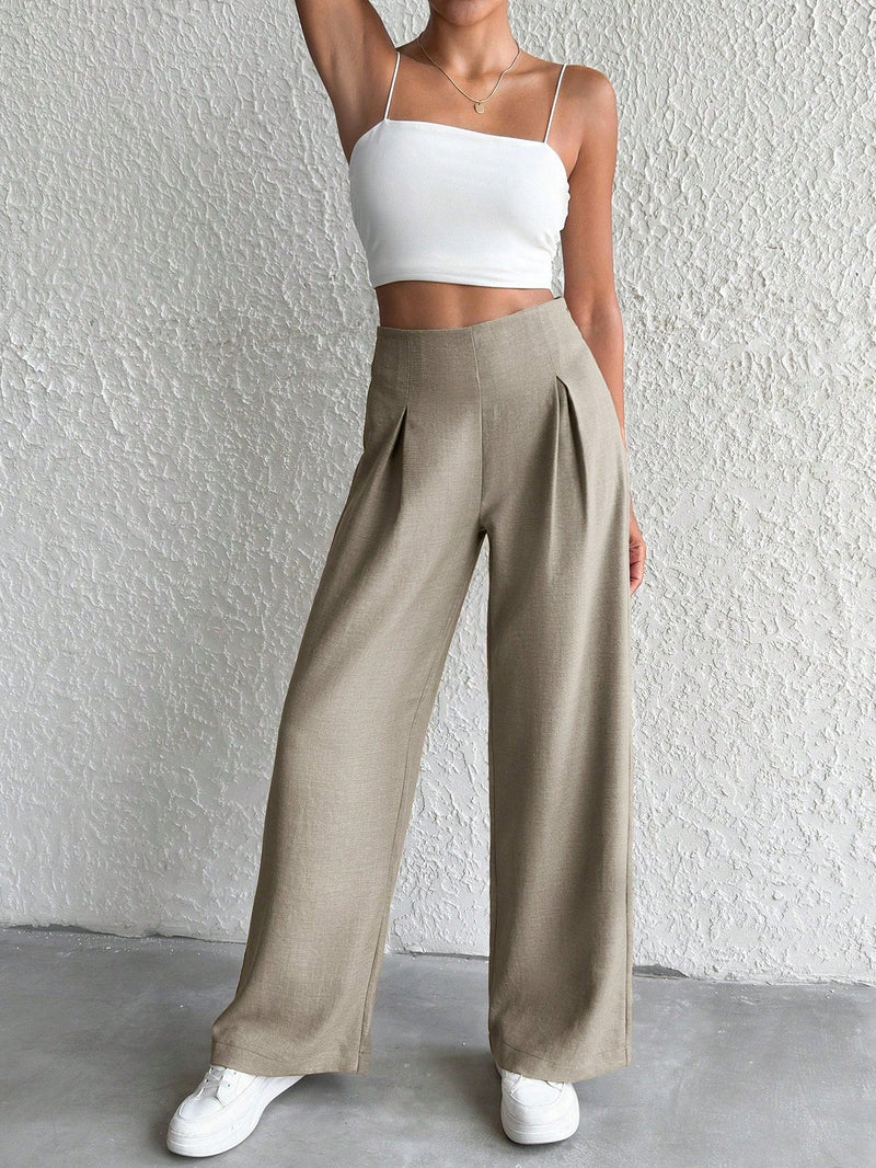 Petite pantalon de pierna ancha de lino beige para mujeres de estatura baja