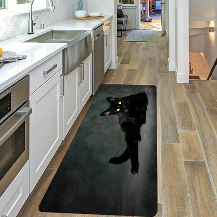 1pc Alfombra de cocina de gato negro de 1.1 cm de grosor, fibra de poliéster duradera, lavable a máquina, respaldo antideslizante, ideal para cocina, sala de estar, porche, balcón y decoración del hogar, alfombra de cocina