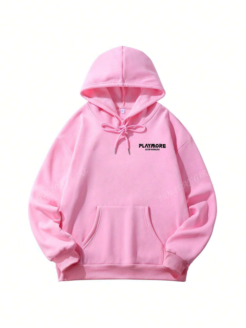 Sudadera casual de mujer nueva para invierno 2024 con estampado de eslogan, bolsillo tipo canguro y cordon, combinando moda y funcion: una sudadera de mujer adecuada para usar en capas, hacer ejercicio o relajacion casual