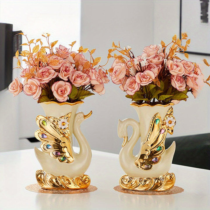 2 piezas de jarrones de cerámica de cisne elegantes, estilo vintage cilíndrico decoración para el hogar, ornamentos de mesa boho chic, no requiere energía, funcionamiento sin baterías, acentos decorativos de mesa | Diseño elegante | Jarrones artesanales