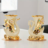 2 piezas de jarrones de cerámica de cisne elegantes, estilo vintage cilíndrico decoración para el hogar, ornamentos de mesa boho chic, no requiere energía, funcionamiento sin baterías, acentos decorativos de mesa | Diseño elegante | Jarrones artesanales