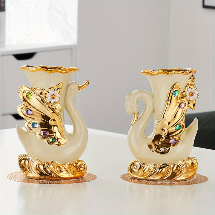 2 piezas de jarrones de cerámica de cisne elegantes, estilo vintage cilíndrico decoración para el hogar, ornamentos de mesa boho chic, no requiere energía, funcionamiento sin baterías, acentos decorativos de mesa | Diseño elegante | Jarrones artesanales