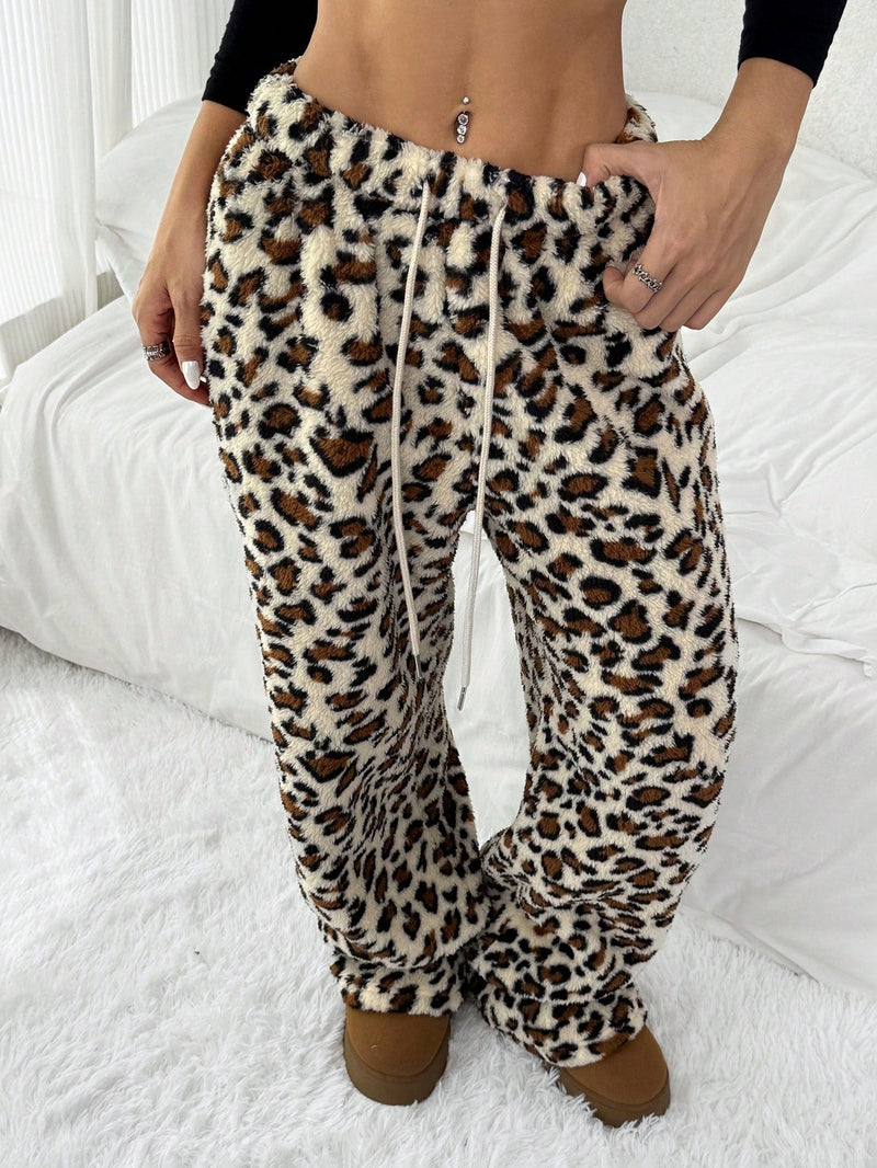 Ezwear pantalones sueltos de moda con cintura con cordon y pierna recta de piel de leopardo sintetica