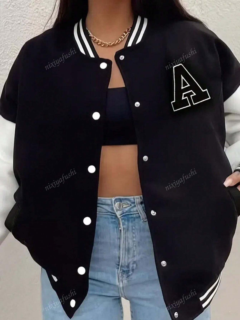 Chaqueta bomber de mujer con estampado de letras en color contrastante, chaqueta casual de botones corta con bolsillo delantero