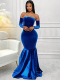 1 pieza vestido elegante de mujer de un solo color de manga larga y hombros descubiertos, vestido de mujer azul real, vestido de graduacion, vestido de fiesta de mujer, vestido sexy