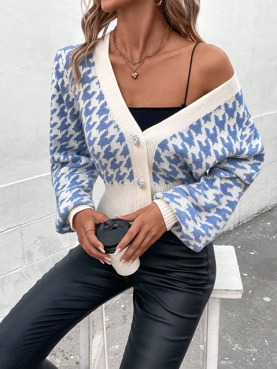 Essnce cardigan casual de mujer con botones y mangas de farol, dobladillo ancho y estampado de pata de gallo