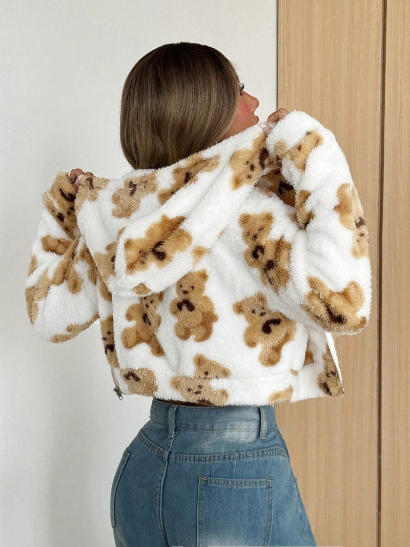 Ezwear chaqueta corta con capucha de borreguito informal con estampado de leopardo, para otono/invierno de mujer