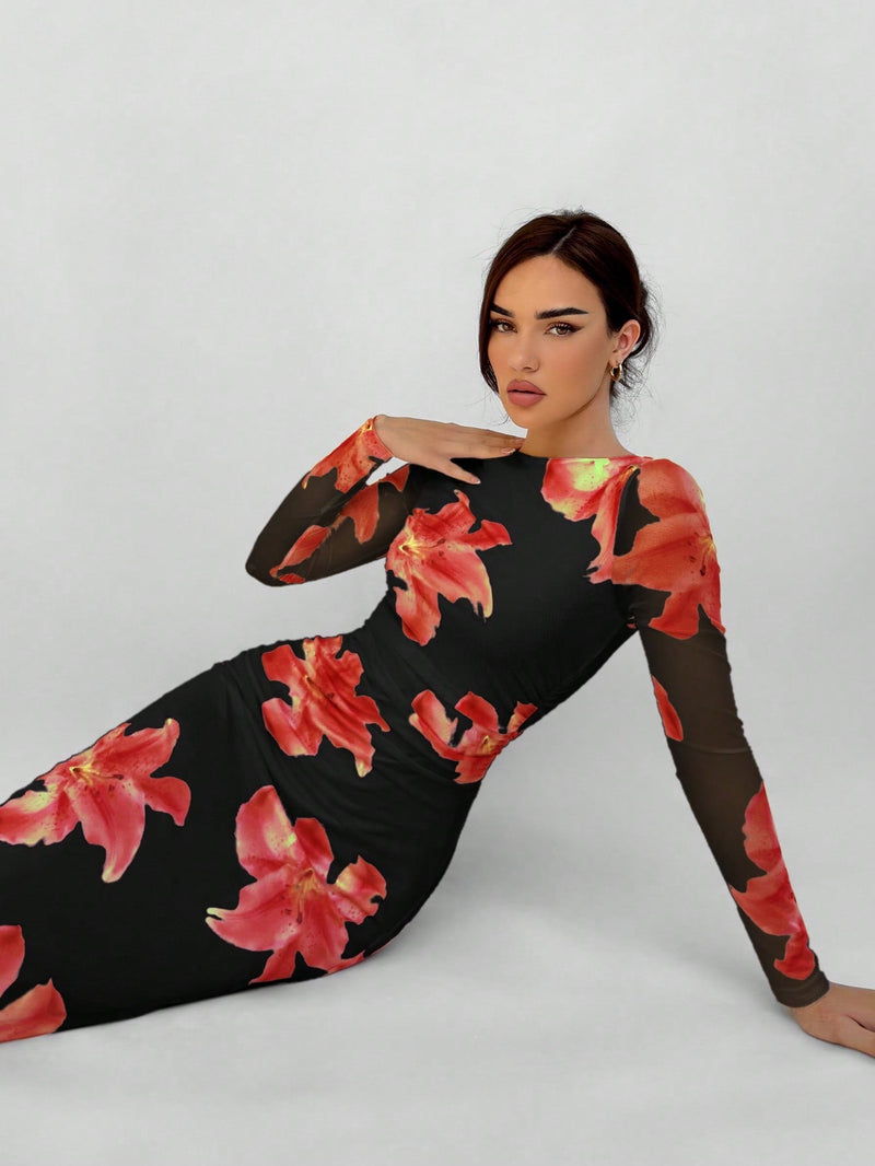 Aloruh vestido con manga larga y pliegues con estampado floral para una cita romantica para mujeres