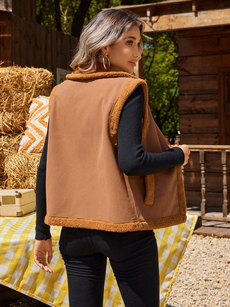 Vcay chaleco casual de mujer para otono/invierno con cuello alto, dos bolsillos, y patchwork y pana, para mantener el calor