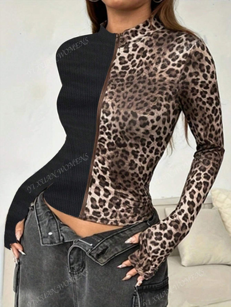 Chaqueta ligera con cierre de cremallera y estampado de leopardo combinado, chaqueta ajustada de corte slim para mujer