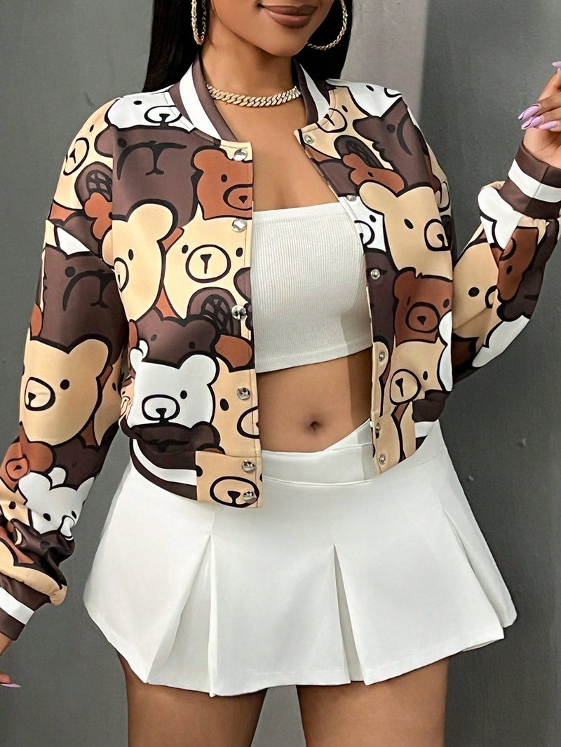 Slayr chaqueta corta de mujer para otono e invierno, con estilo casual de uniforme de beisbol, de material de pu marron con lana negra, de hombros caidos, manga larga suelta, con logo bordado'