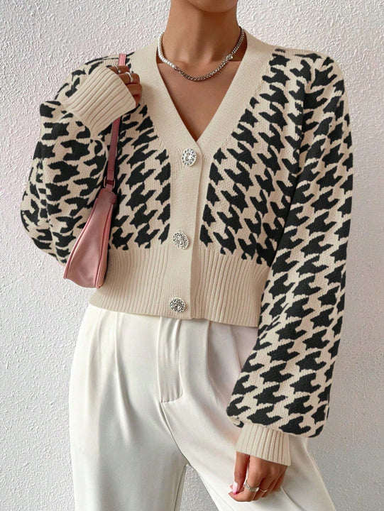 Essnce cardigan casual de mujer con botones y mangas de farol, dobladillo ancho y estampado de pata de gallo