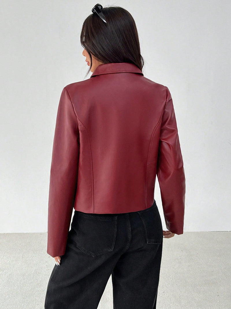 Petite chaqueta de manga larga con cremallera de poliuretano rojo de estilo minimalista con cuello para mujer