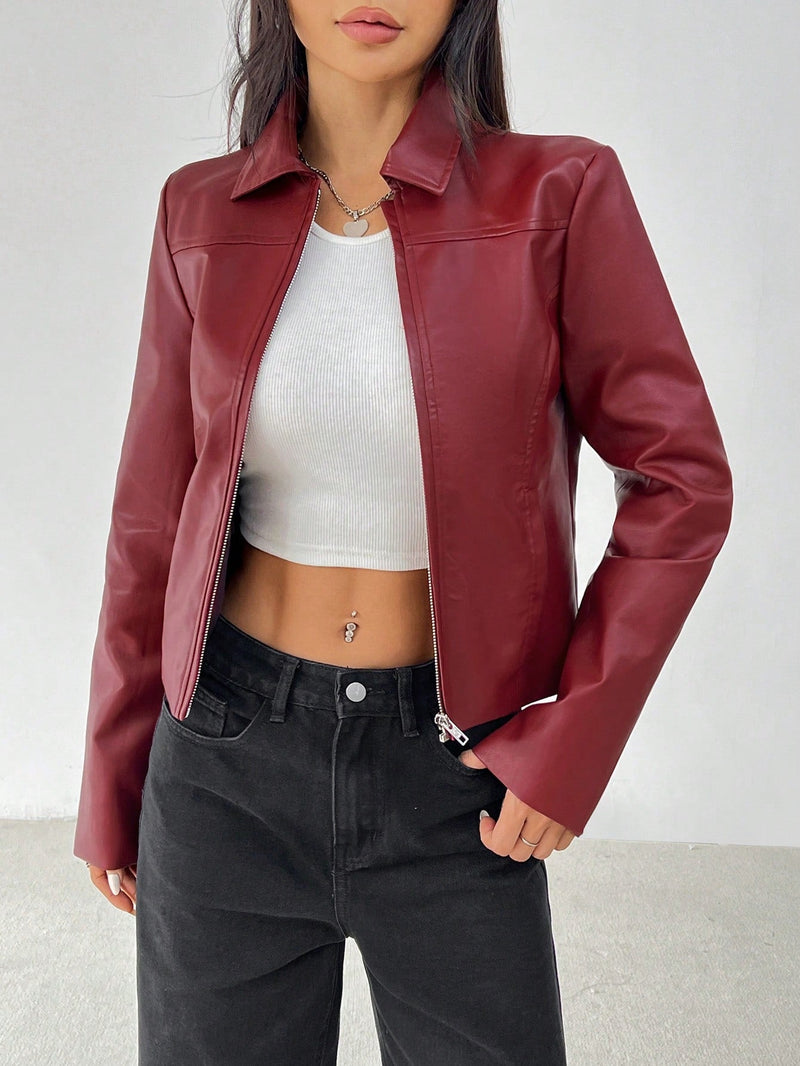 Petite chaqueta de manga larga con cremallera de poliuretano rojo de estilo minimalista con cuello para mujer