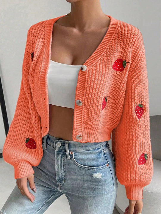 Moosta cardigan holgado de mujer con mangas farol, hombros caidos y bordado de fresa de estilo casual