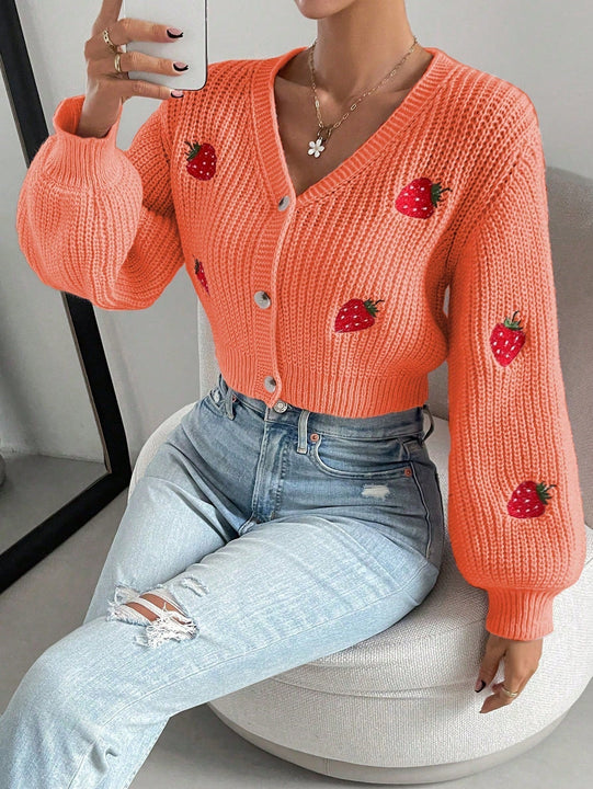 Moosta cardigan holgado de mujer con mangas farol, hombros caidos y bordado de fresa de estilo casual