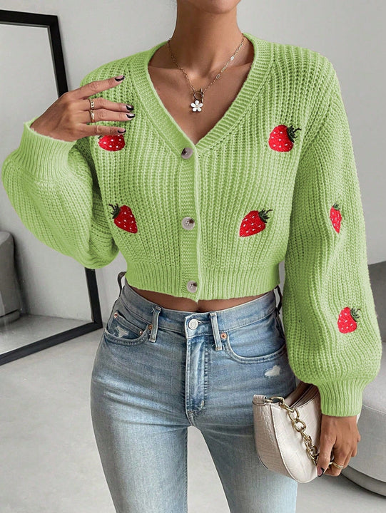 Moosta cardigan holgado de mujer con mangas farol, hombros caidos y bordado de fresa de estilo casual